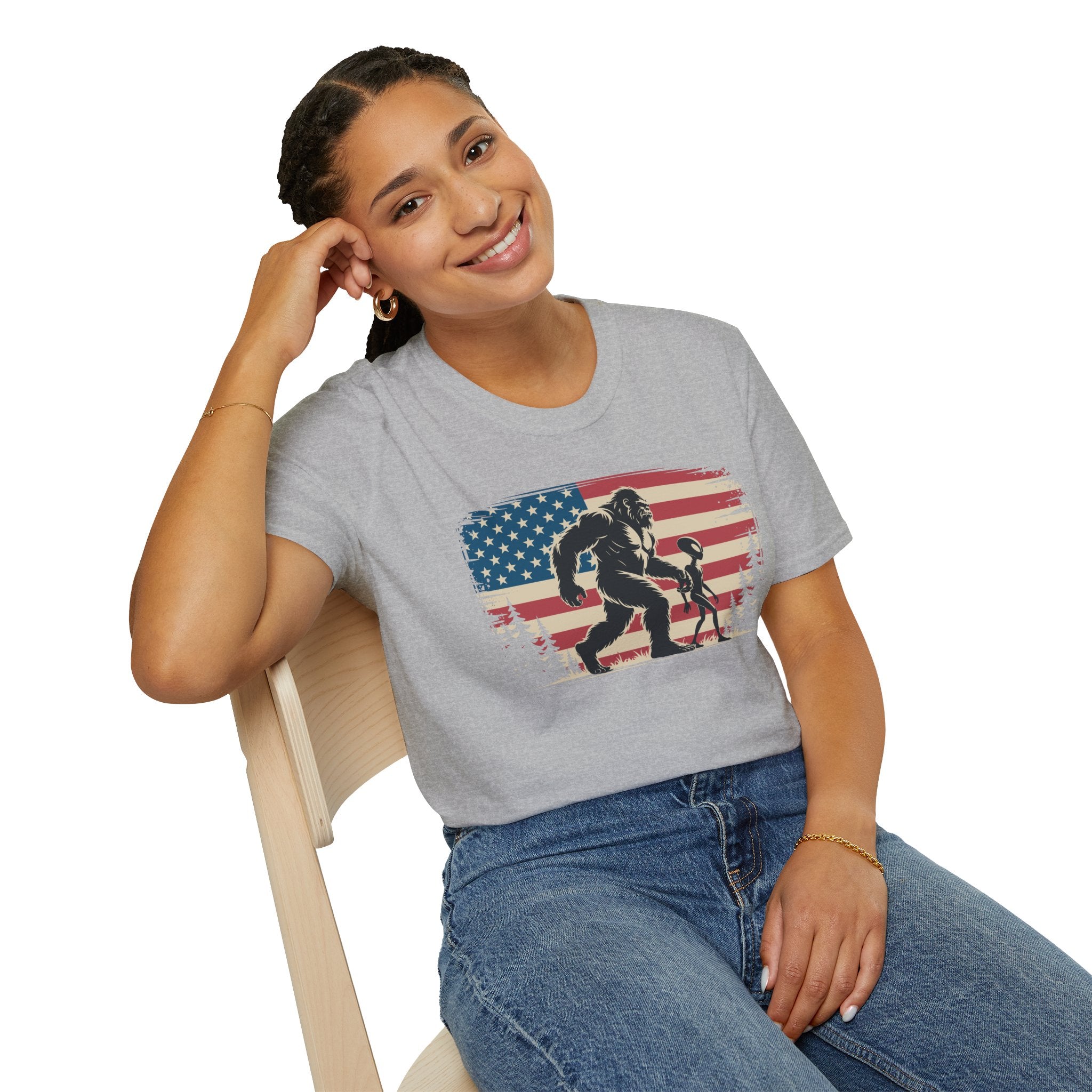 Bigfoot & Alien Patriotic T-Shirt — Distressed Flag Cryptid Design
