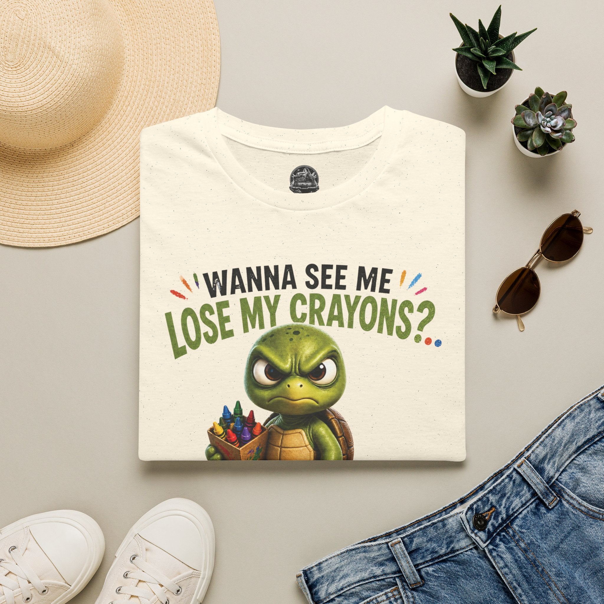 Funny Angry Turtle T-Shirt — “Wanna See Me Lose My Crayons? Do That Again…” — Teacher & Art Lover Tee