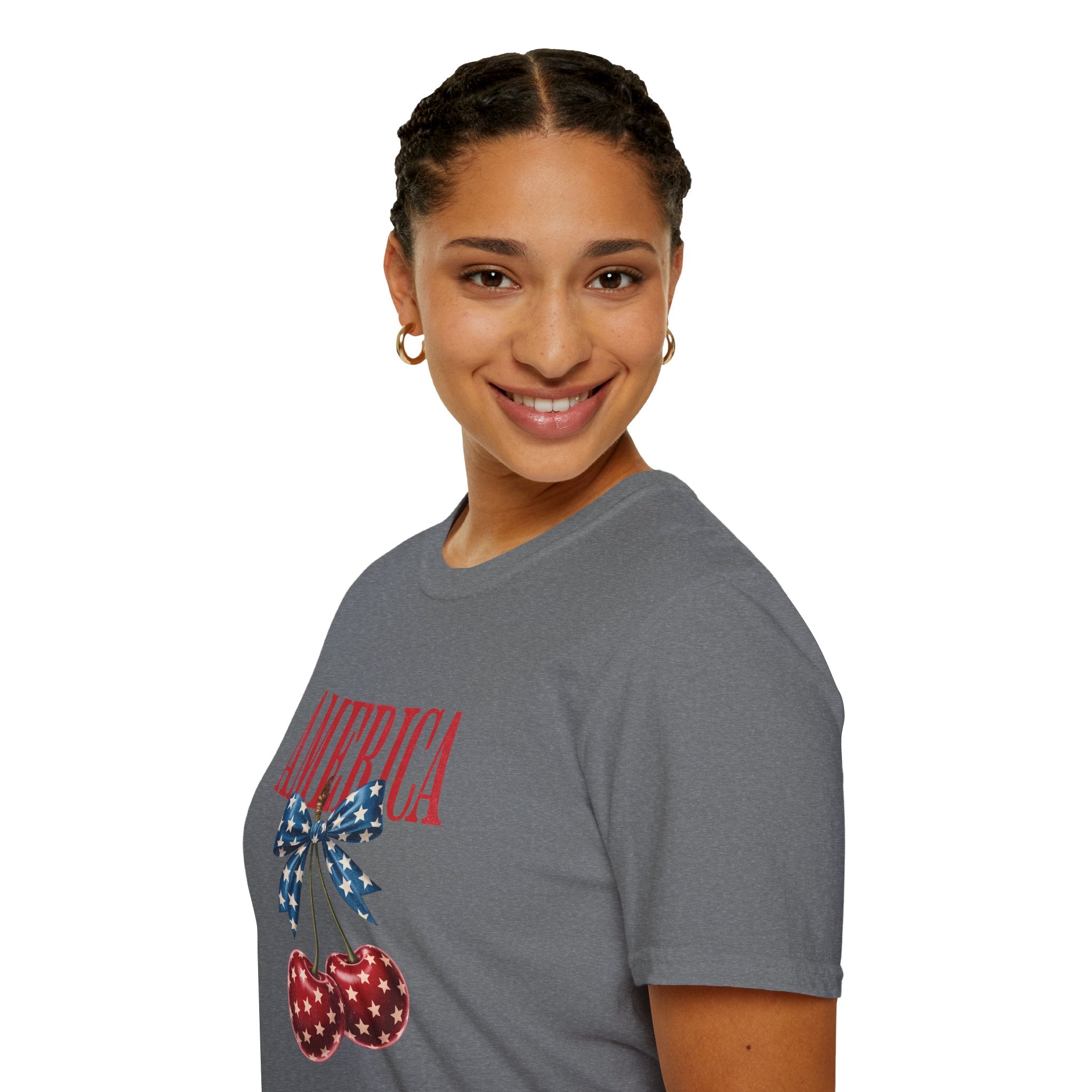 America Cherry Graphic T‑Shirt — Patriotic Stars & Stripes Bow Tee