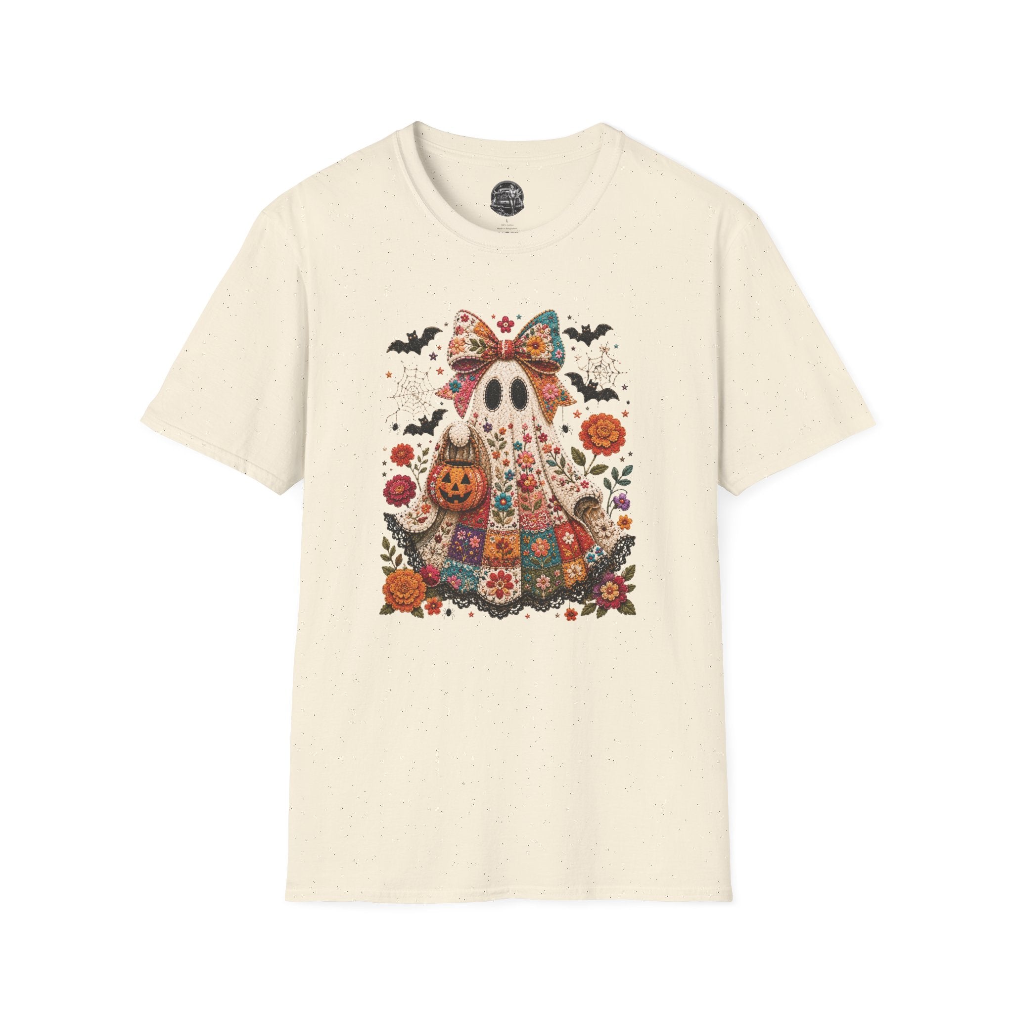 Patchwork Floral Ghost Halloween Shirt | Quilted Boho Ghost with Pumpkin and Bats