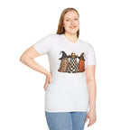 Halloween Ghost Trio T-Shirt — Leopard, Checker & Pumpkin Hat Design