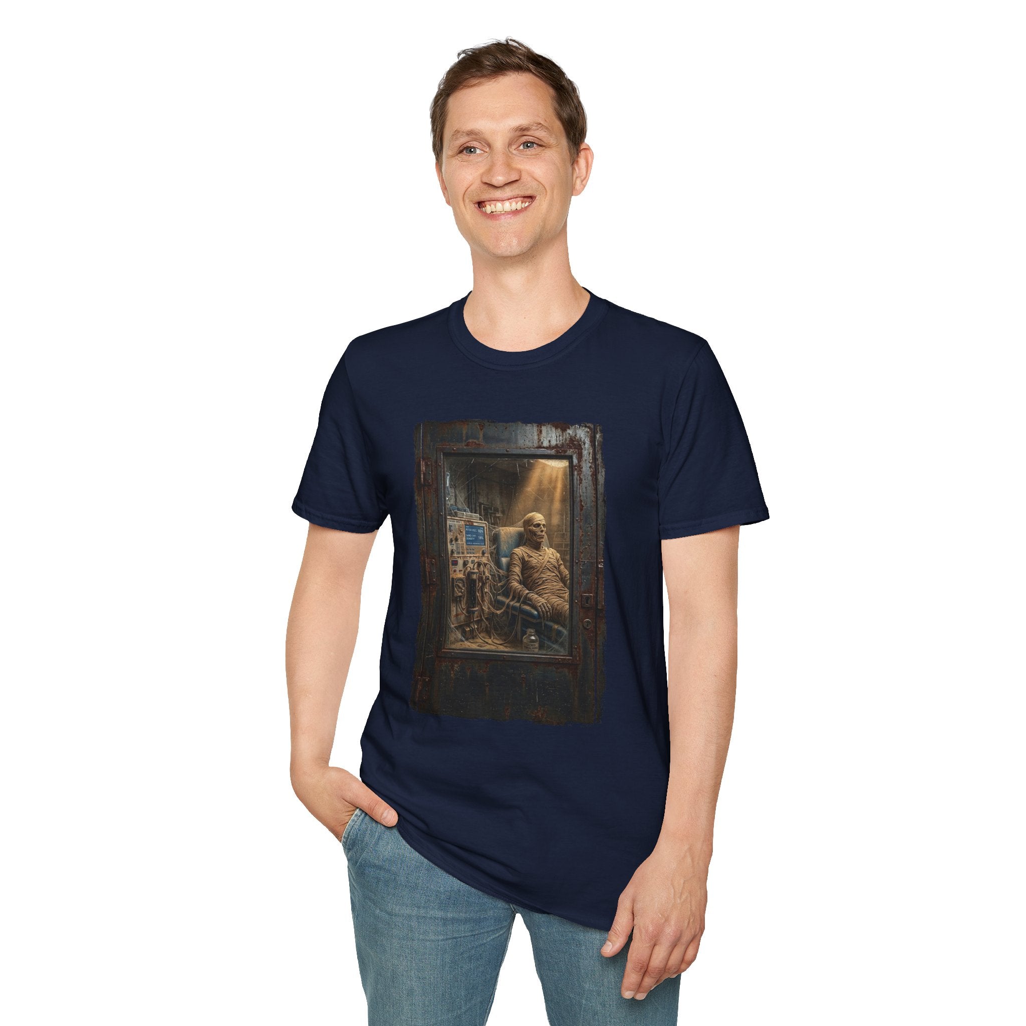 Horror Mummy Room Graphic T‑Shirt — Vintage Creepy Museum Scene Tee