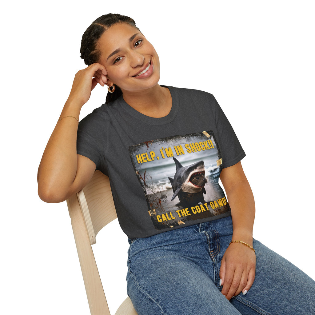 Shark Graphic T-Shirt — "Help, I'm in Shock!" Funny Beachwear