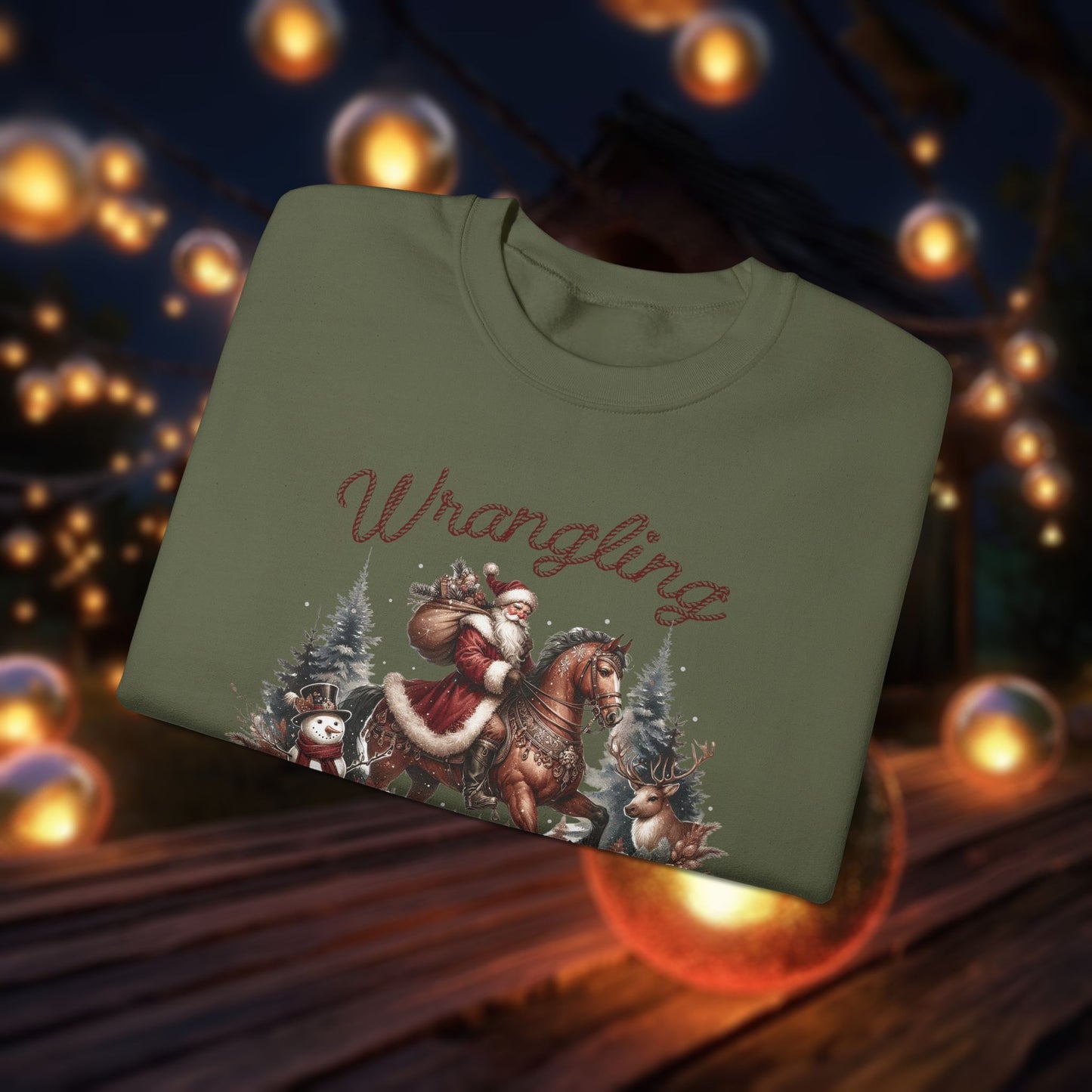 Christmas Western Sweatshirt with Santa on Horse and Snowman