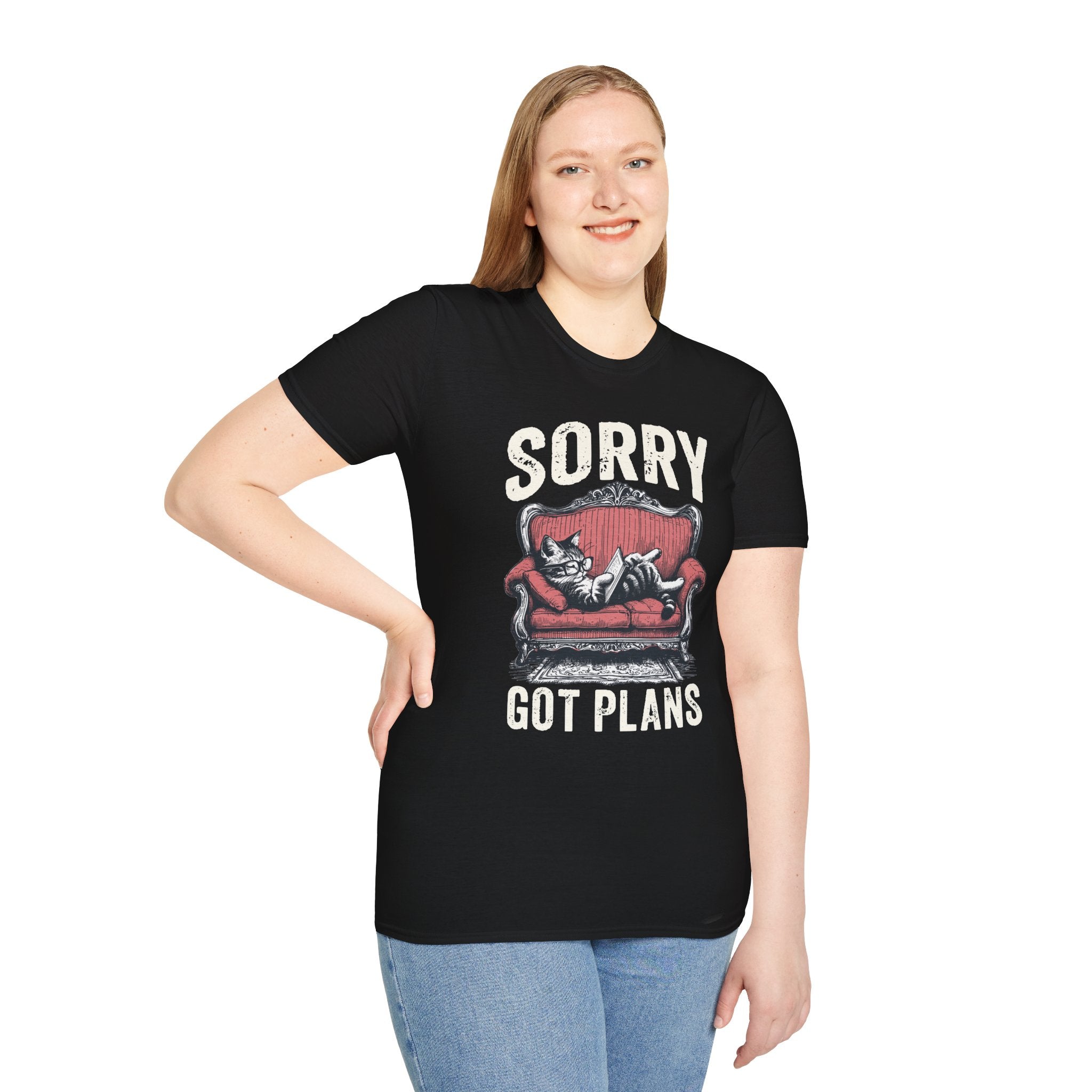 Sorry, Got Plans T‑Shirt — Cat on Couch Funny Lazy Day Tee