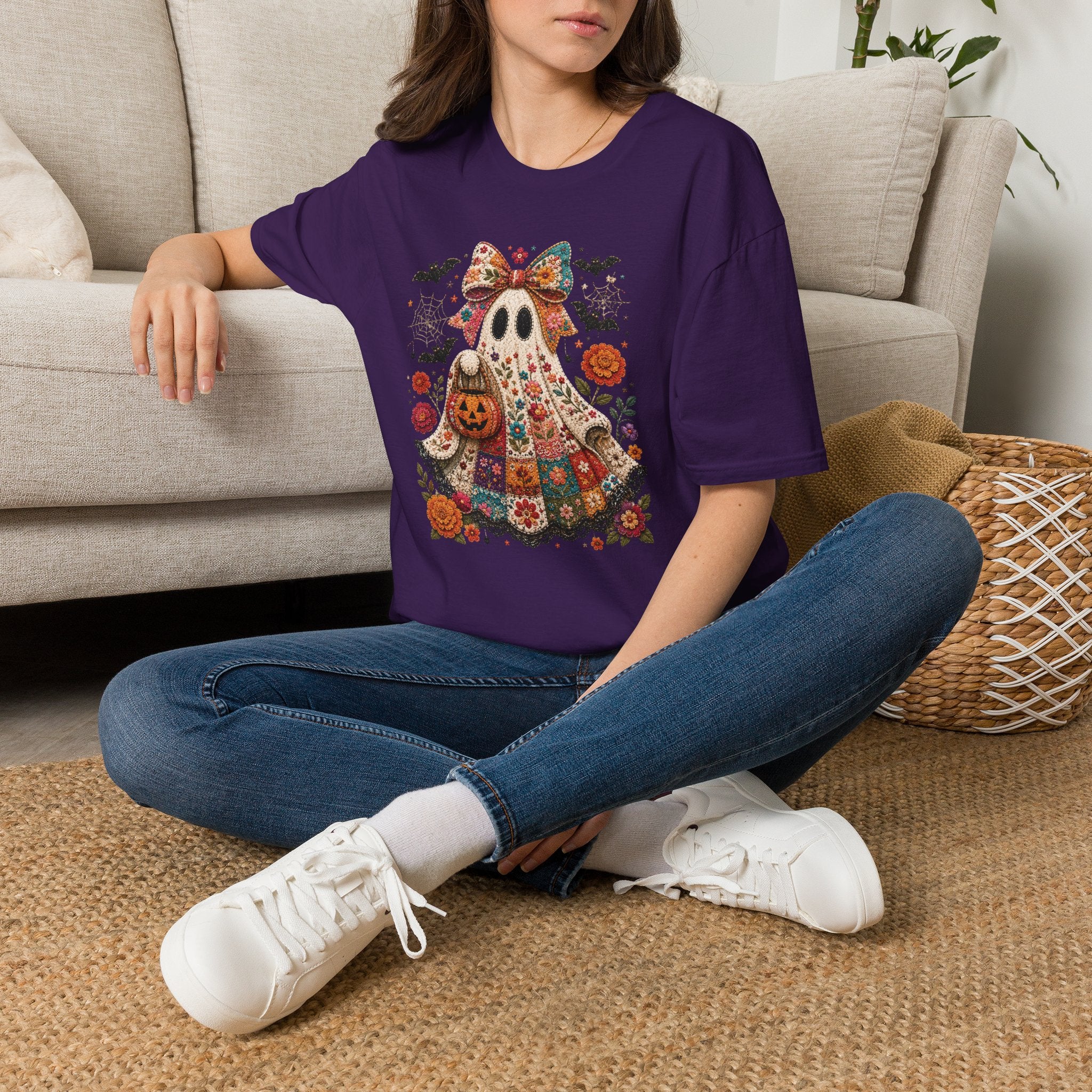 Patchwork Floral Ghost Halloween Shirt | Quilted Boho Ghost with Pumpkin and Bats