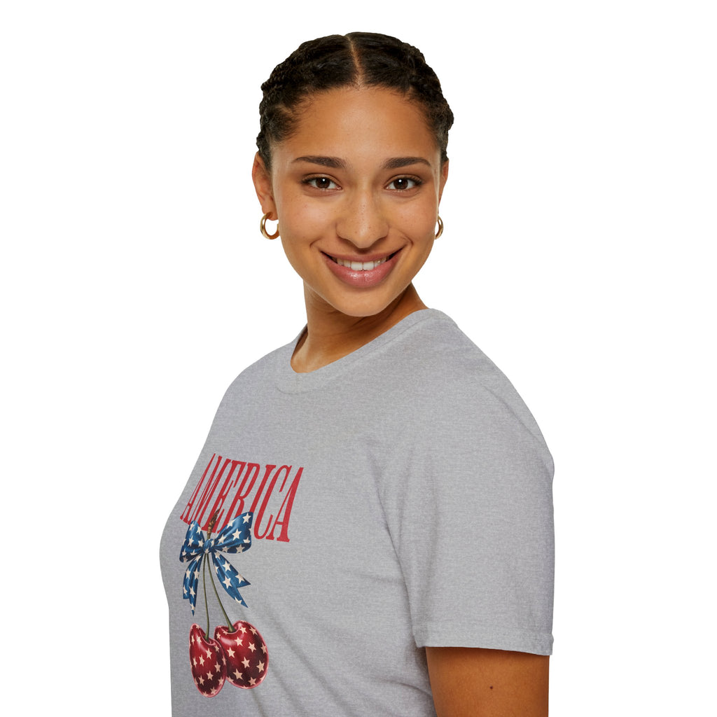 America Cherry Graphic T‑Shirt — Patriotic Stars & Stripes Bow Tee