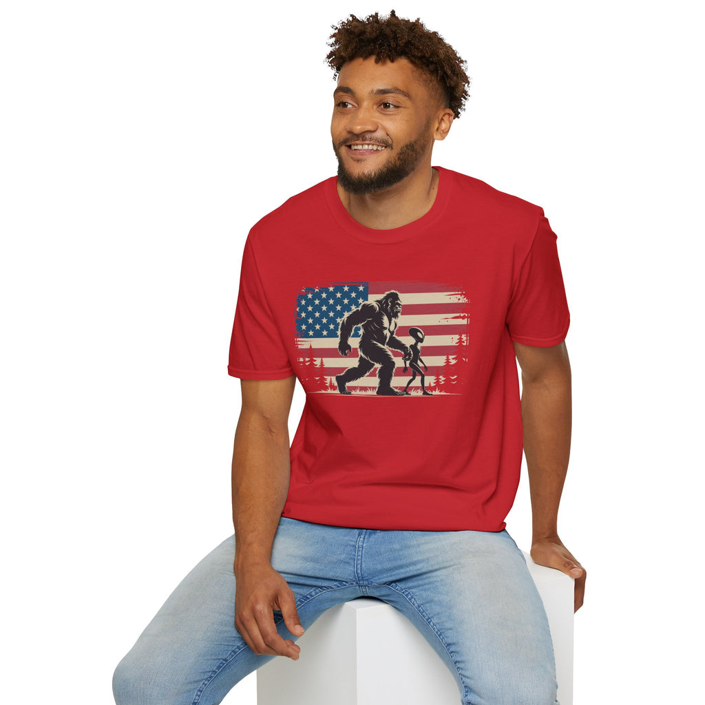Bigfoot & Alien Patriotic T-Shirt — Distressed Flag Cryptid Design
