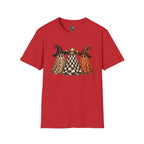 Halloween Ghost Trio T-Shirt — Leopard, Checker & Pumpkin Hat Design
