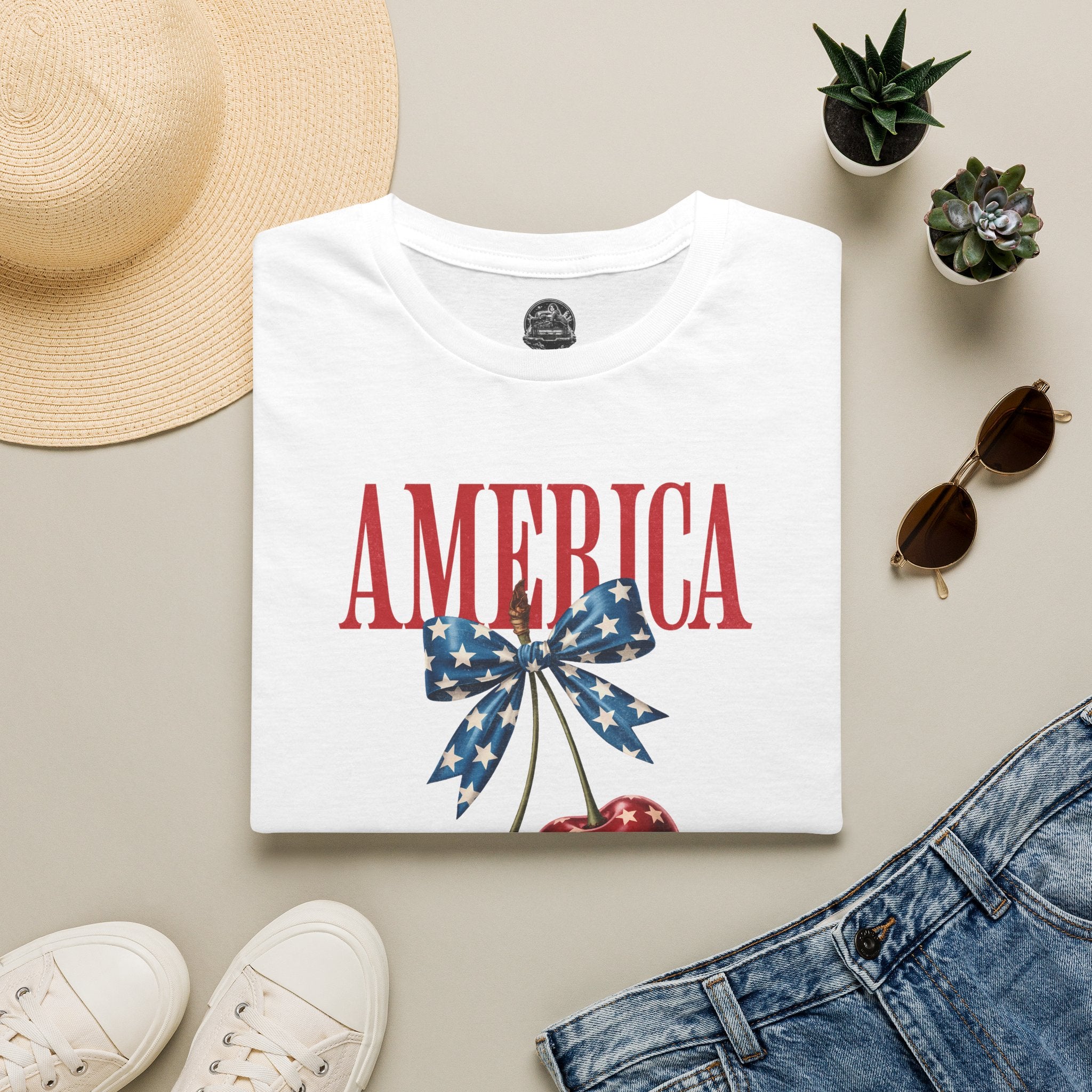 Patriotic Cherry T-Shirt — Glossy Stars & Vintage “AMERICA” Design