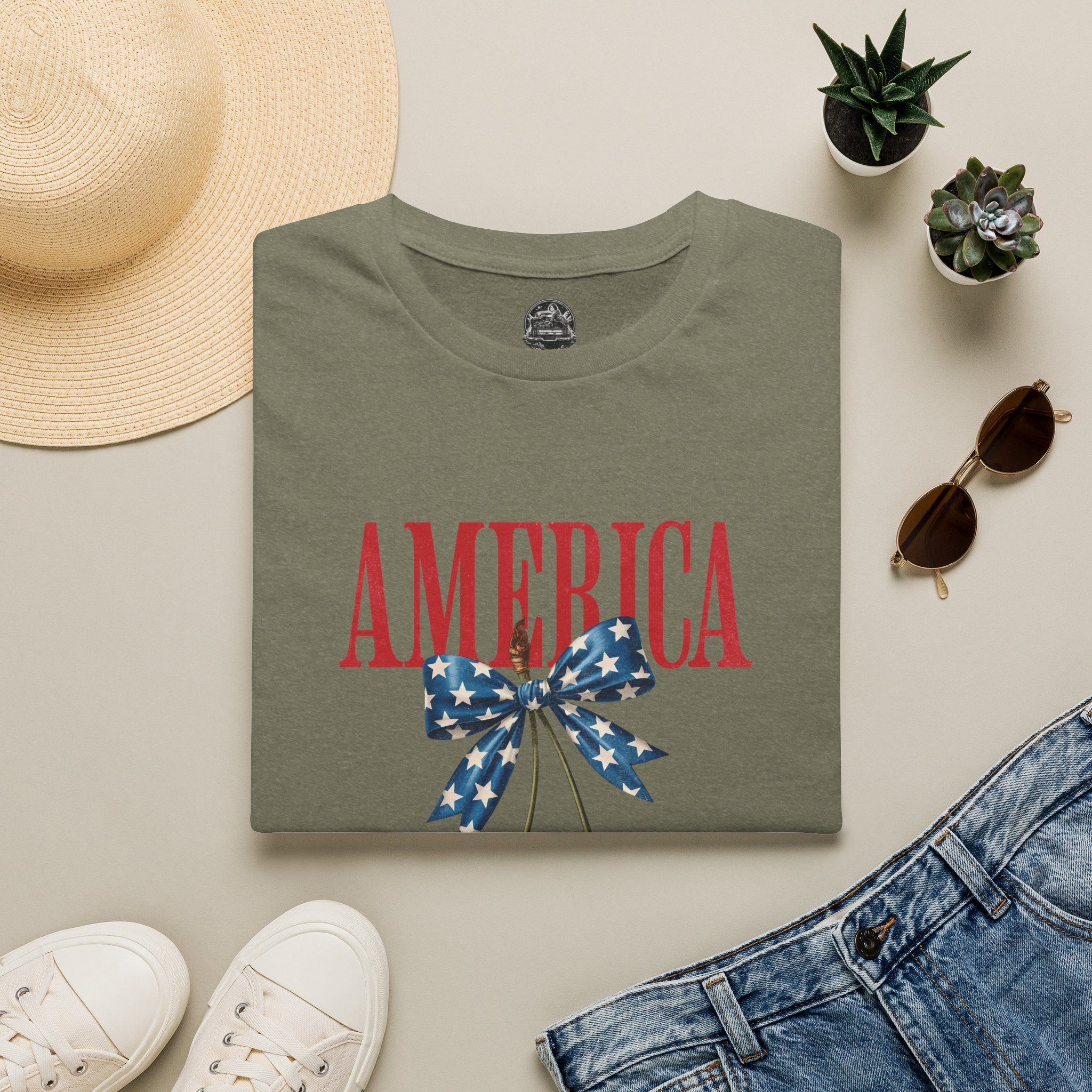 America Cherry Graphic T‑Shirt — Patriotic Stars & Stripes Bow Tee