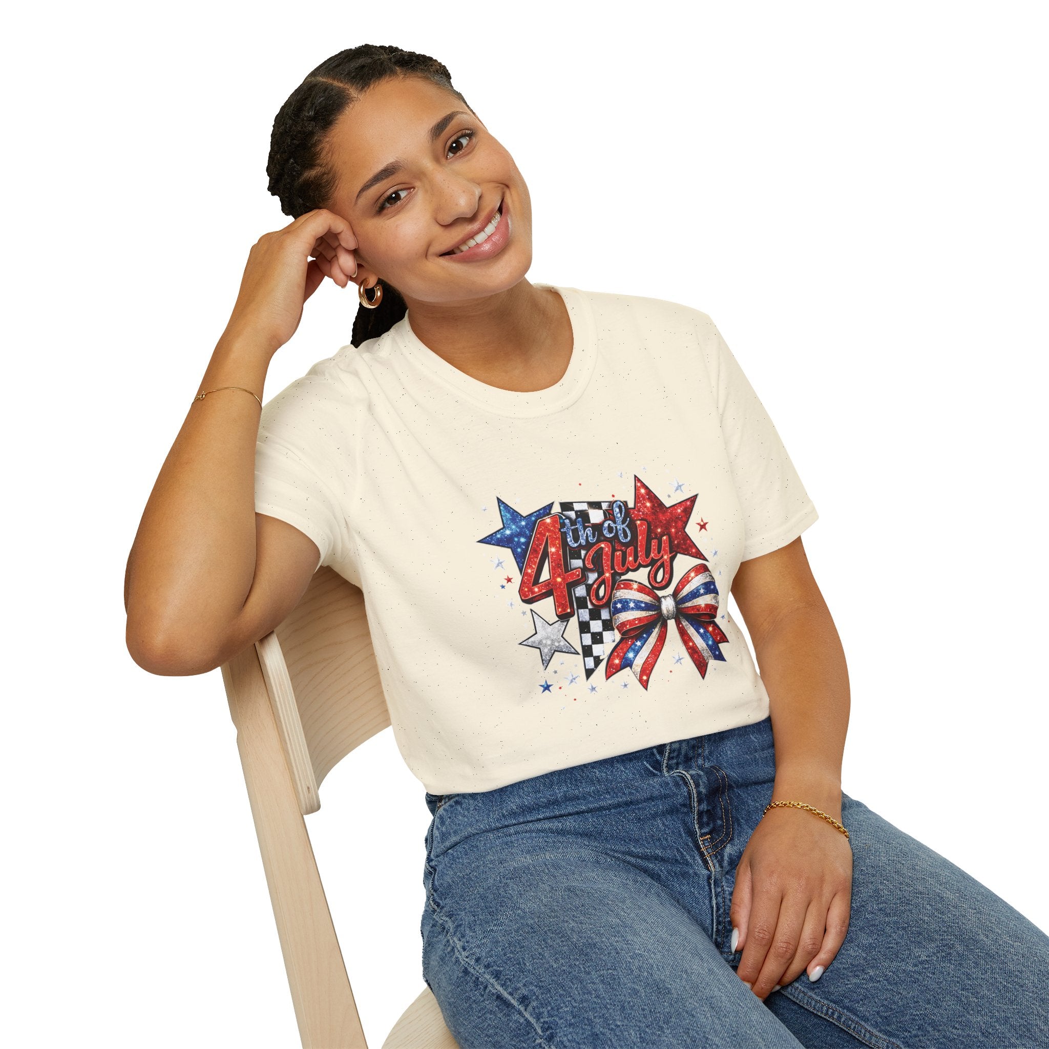 4th of July Patriotic T-Shirt – Red White Blue Stars & Bow Design