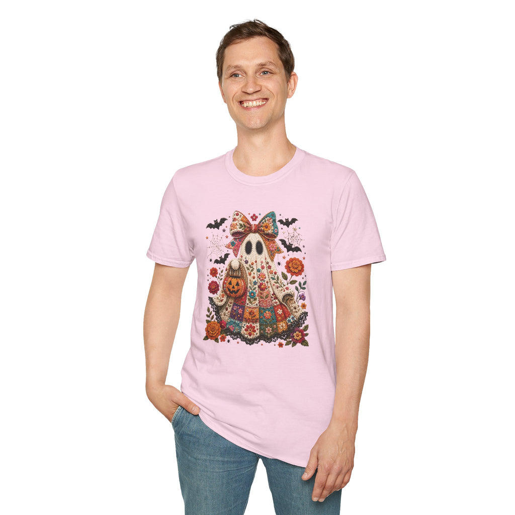 Patchwork Floral Ghost Halloween Shirt | Quilted Boho Ghost with Pumpkin and Bats