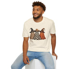 Halloween Ghost Trio T-Shirt — Leopard, Checker & Pumpkin Hat Design