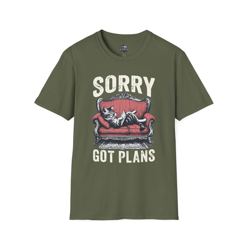 Sorry, Got Plans T‑Shirt — Cat on Couch Funny Lazy Day Tee