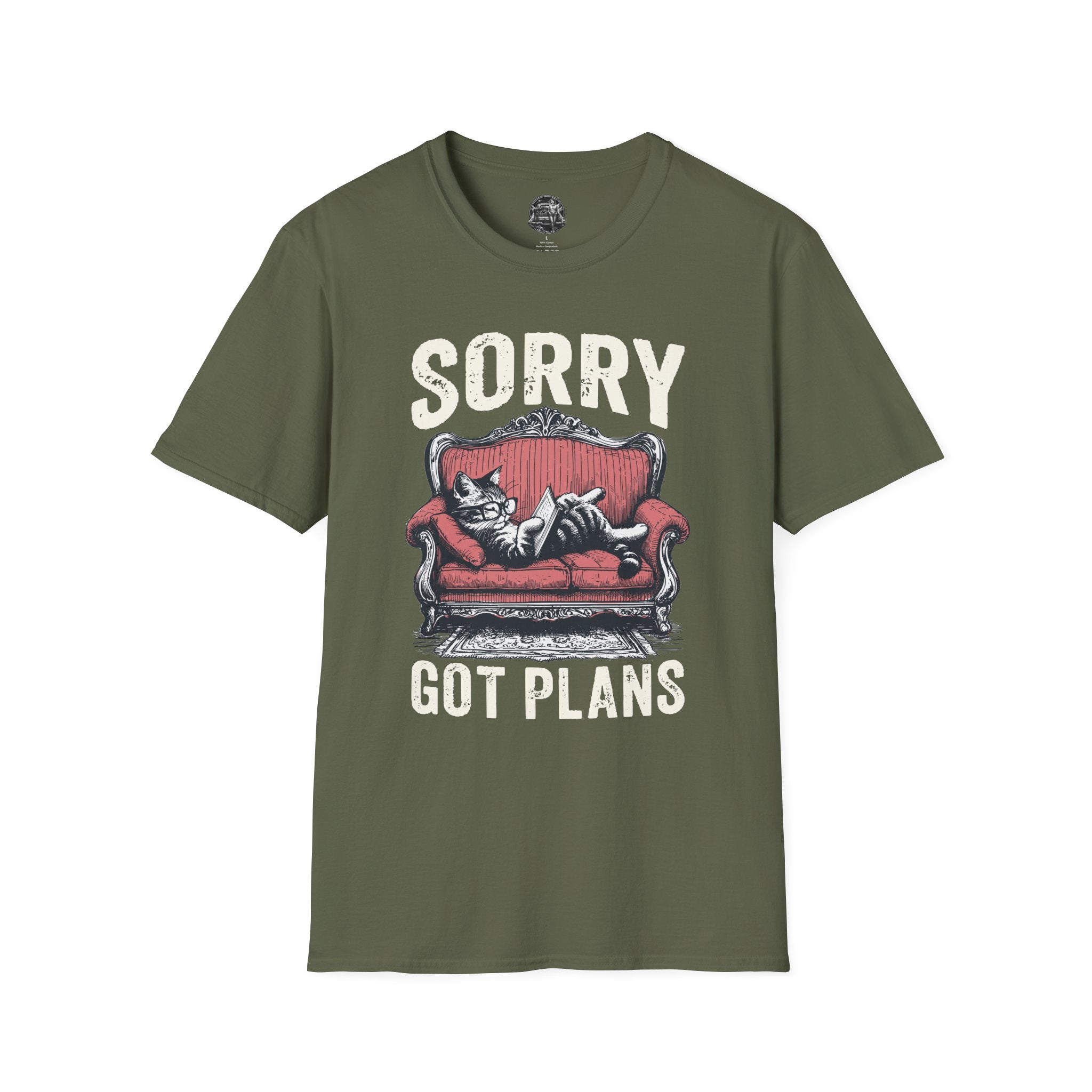 Sorry, Got Plans T‑Shirt — Cat on Couch Funny Lazy Day Tee