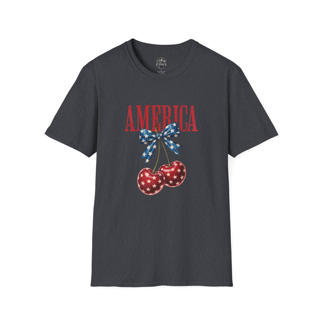 America Cherry Graphic T‑Shirt — Patriotic Stars & Stripes Bow Tee