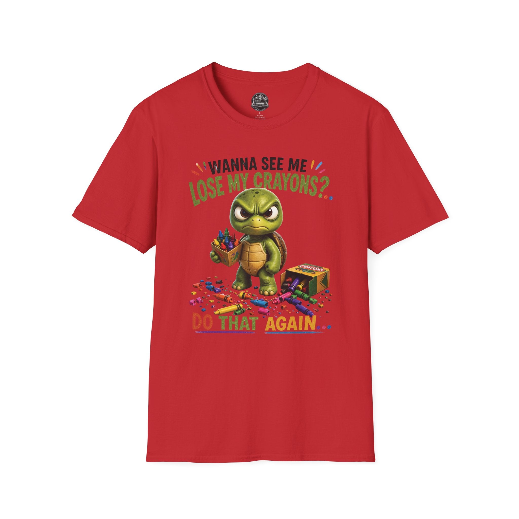 Funny Angry Turtle T-Shirt — “Wanna See Me Lose My Crayons? Do That Again…” — Teacher & Art Lover Tee