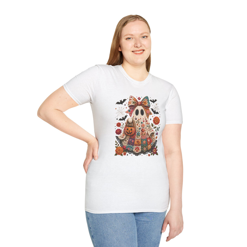 Patchwork Floral Ghost Halloween Shirt | Quilted Boho Ghost with Pumpkin and Bats