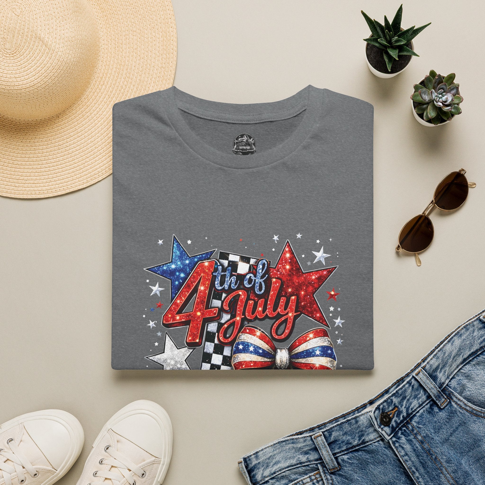 4th of July Patriotic T-Shirt – Red White Blue Stars & Bow Design