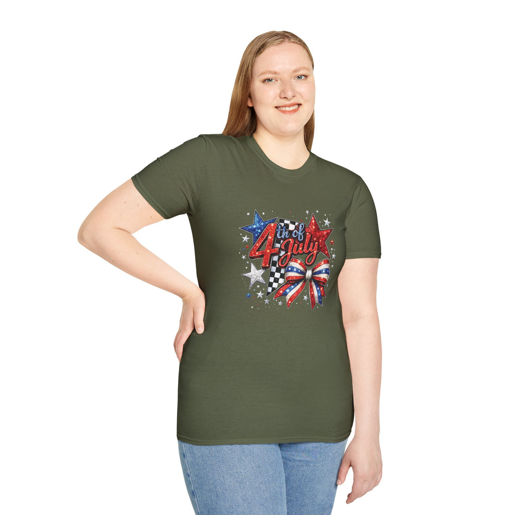 4th of July Patriotic T-Shirt – Red White Blue Stars & Bow Design