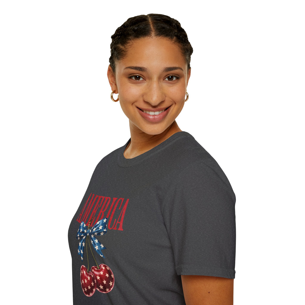 America Cherry Graphic T‑Shirt — Patriotic Stars & Stripes Bow Tee