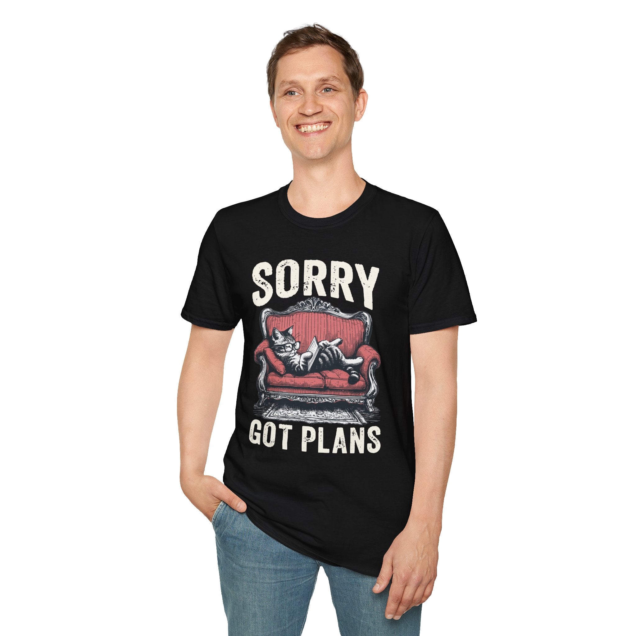 Sorry, Got Plans T‑Shirt — Cat on Couch Funny Lazy Day Tee