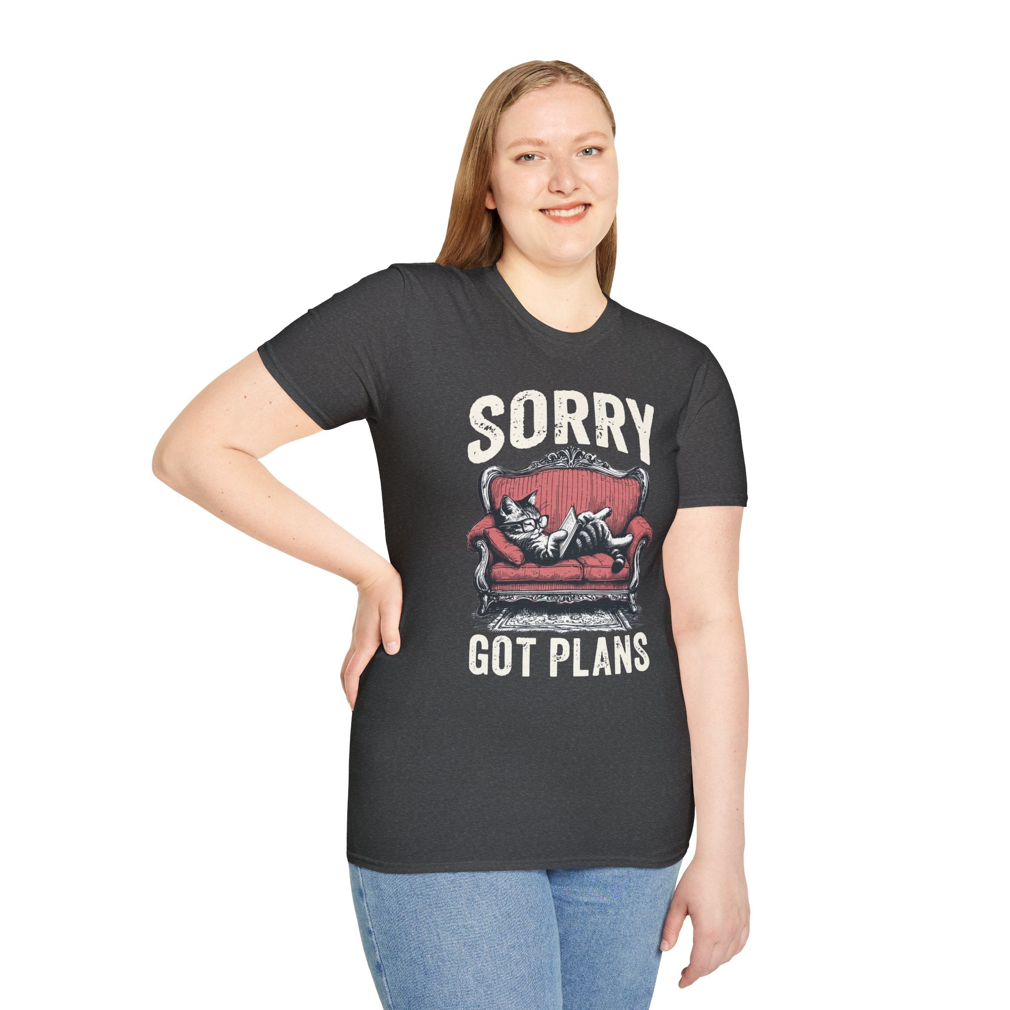 Sorry, Got Plans T‑Shirt — Cat on Couch Funny Lazy Day Tee