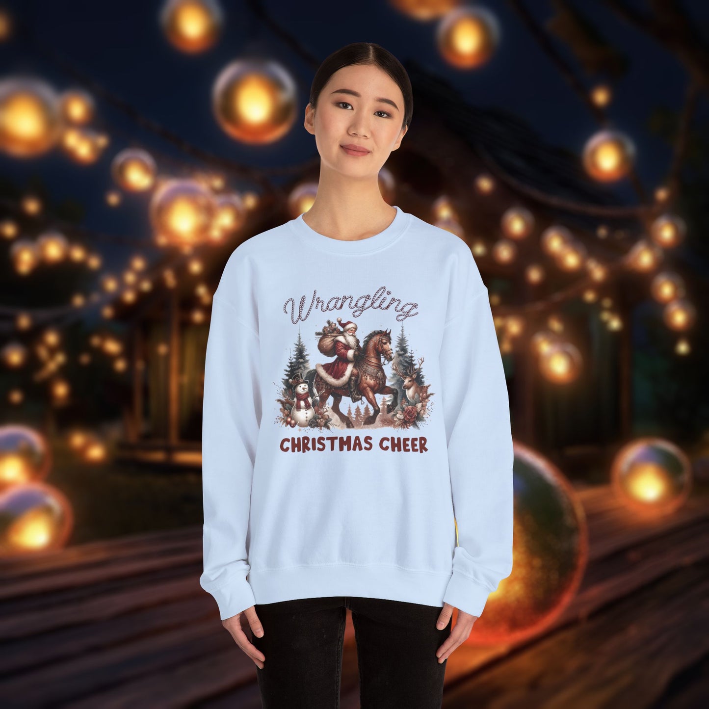 Christmas Western Sweatshirt with Santa on Horse and Snowman