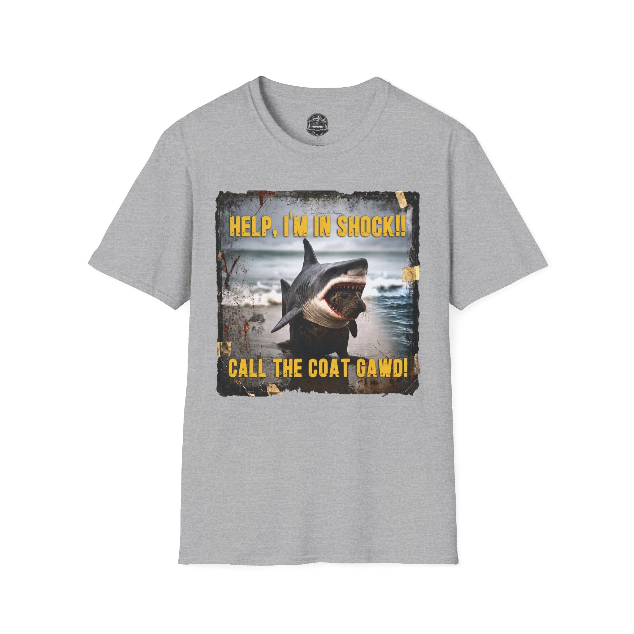 Shark Graphic T-Shirt — "Help, I'm in Shock!" Funny Beachwear