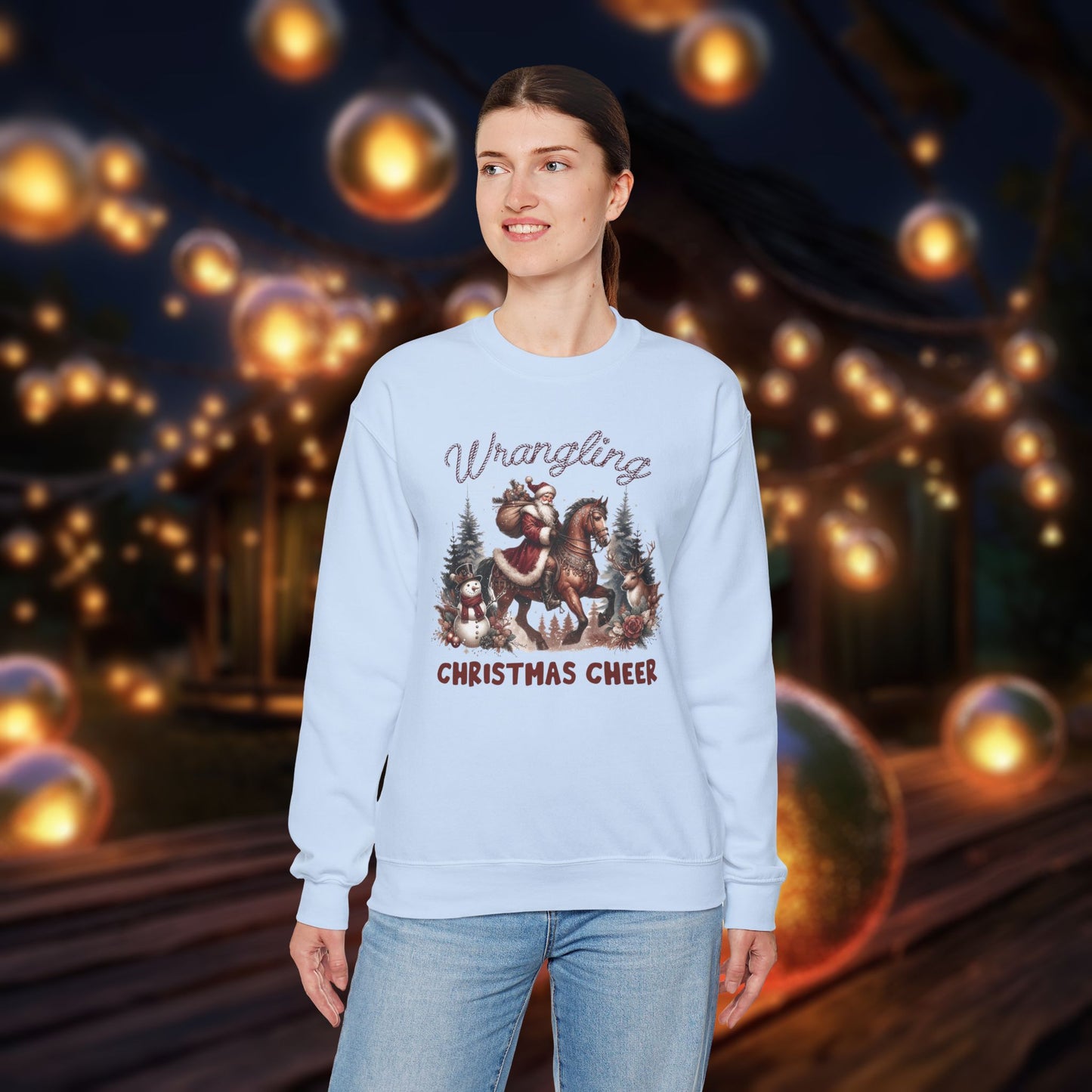 Christmas Western Sweatshirt with Santa on Horse and Snowman