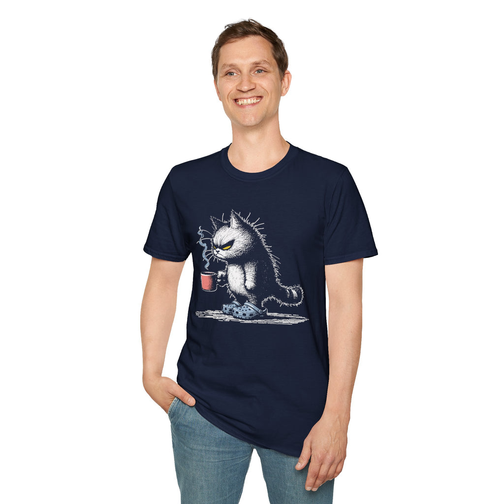 Grumpy Cat with Coffee T-Shirt — Moody Morning Cat Graphic Tee