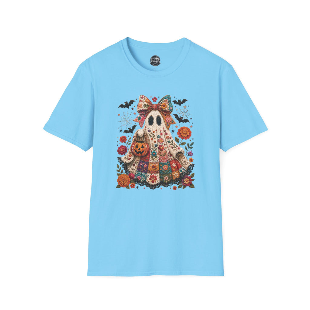 Patchwork Floral Ghost Halloween Shirt | Quilted Boho Ghost with Pumpkin and Bats