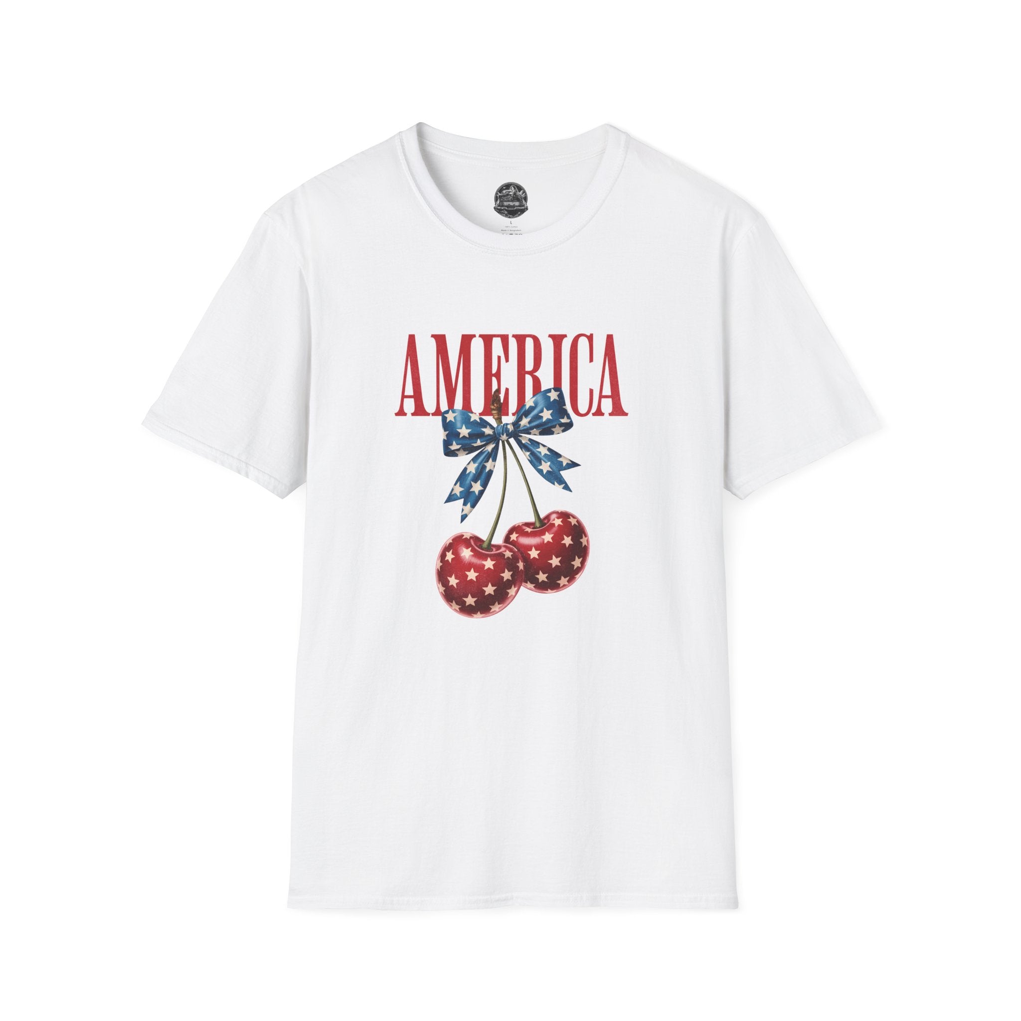 America Cherry Graphic T‑Shirt — Patriotic Stars & Stripes Bow Tee