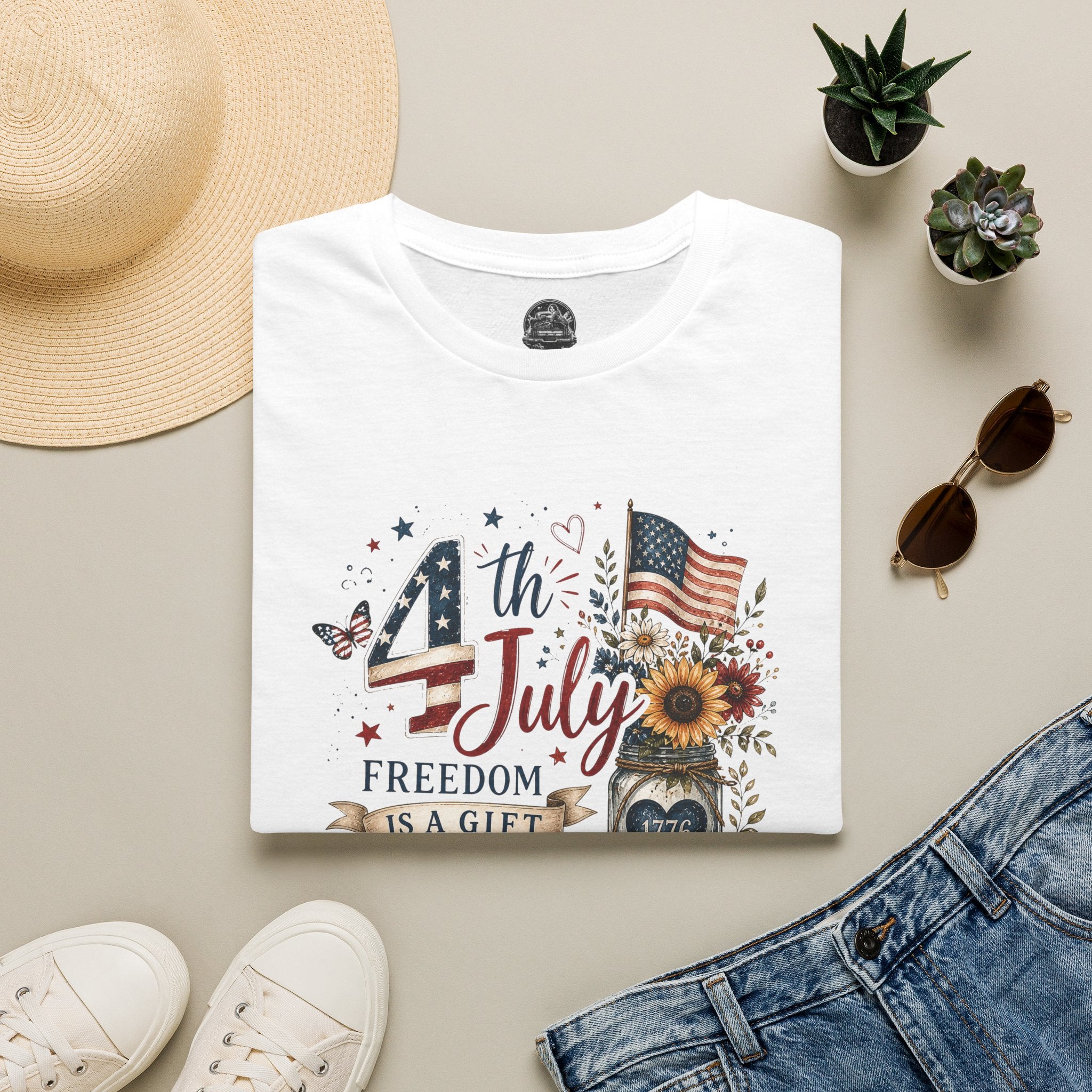 4th of July T-Shirt — "Freedom Is A Gift" Patriotic American Flag & Sunflower Tee