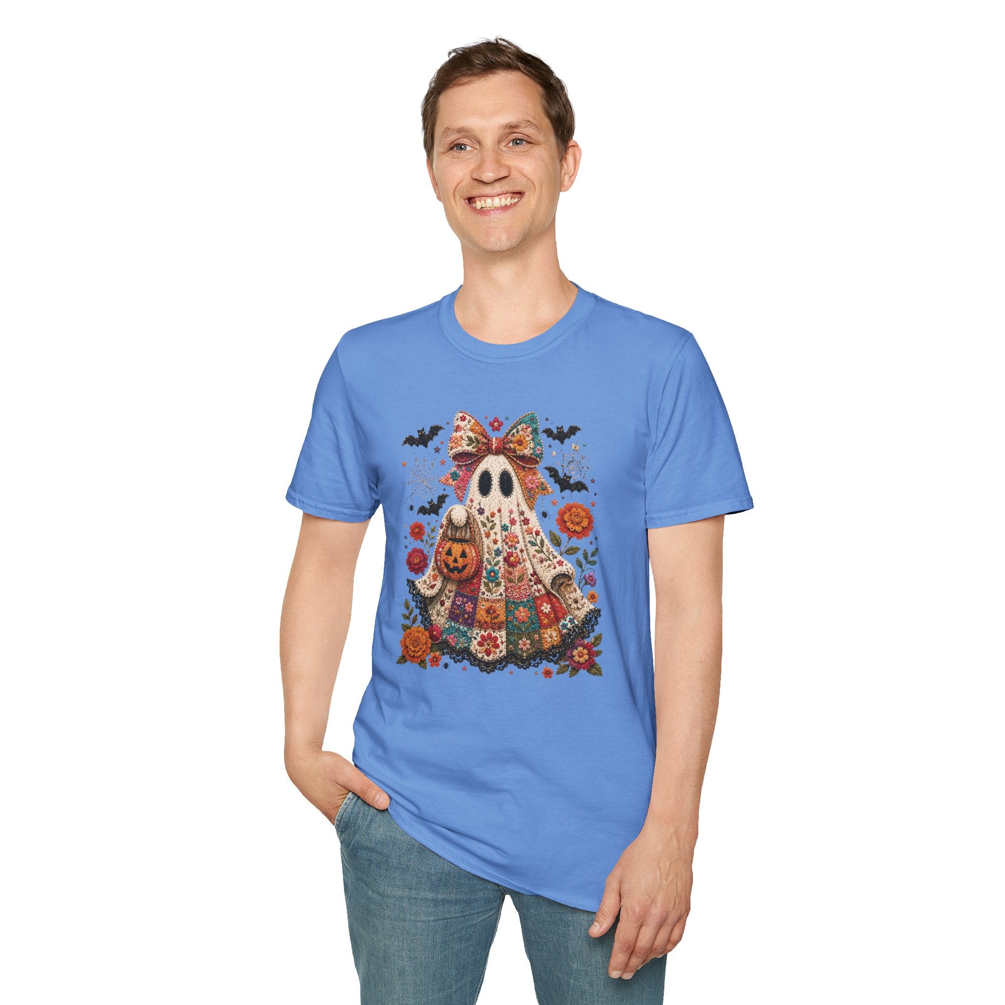 Patchwork Floral Ghost Halloween Shirt | Quilted Boho Ghost with Pumpkin and Bats
