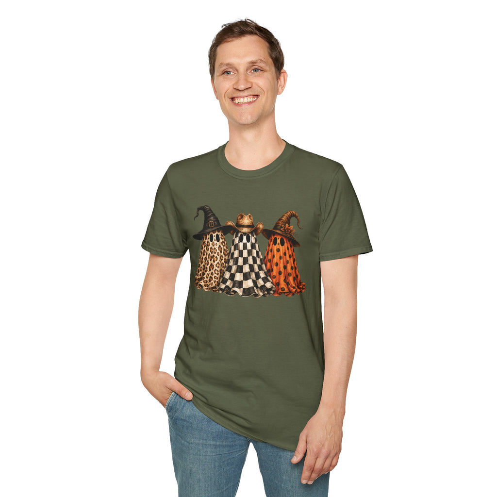 Halloween Ghost Trio T-Shirt — Leopard, Checker & Pumpkin Hat Design