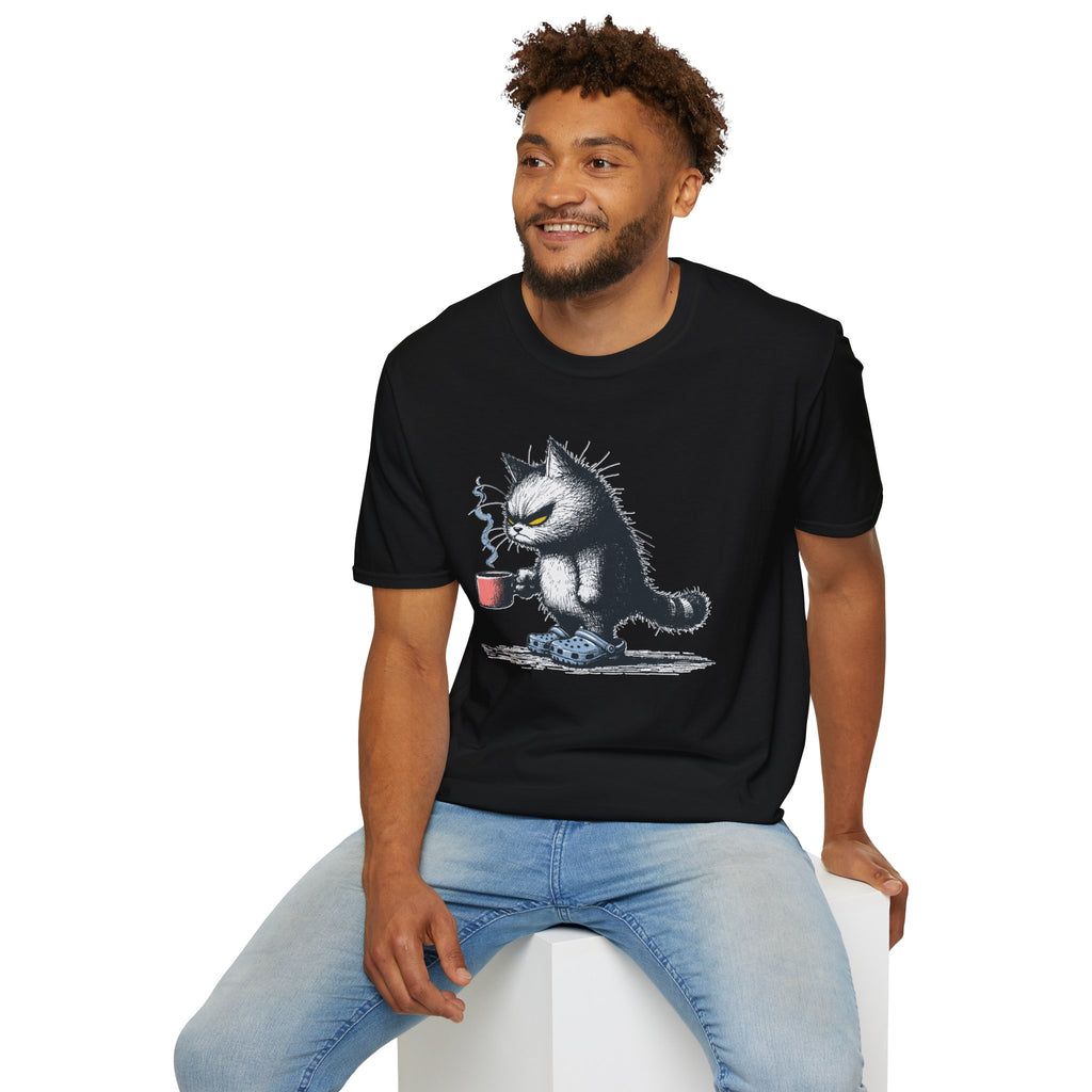 Cat Coffee T-Shirt — Grumpy Cat Holding Mug Illustration