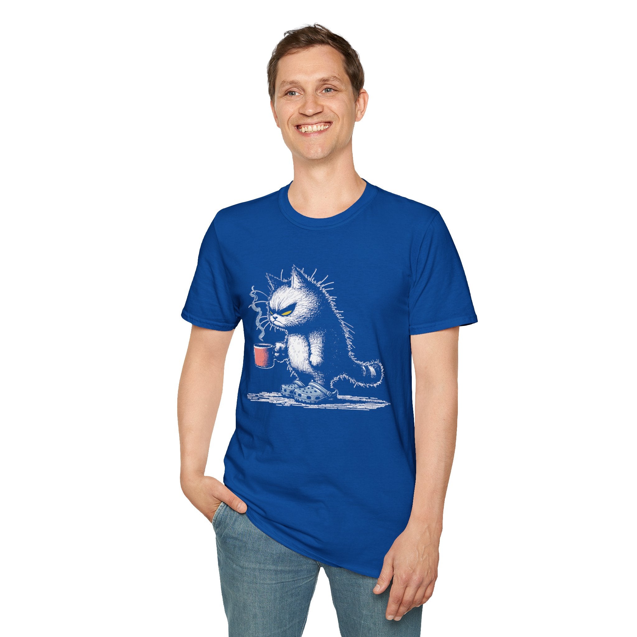 Grumpy Cat with Coffee T-Shirt — Moody Morning Cat Graphic Tee