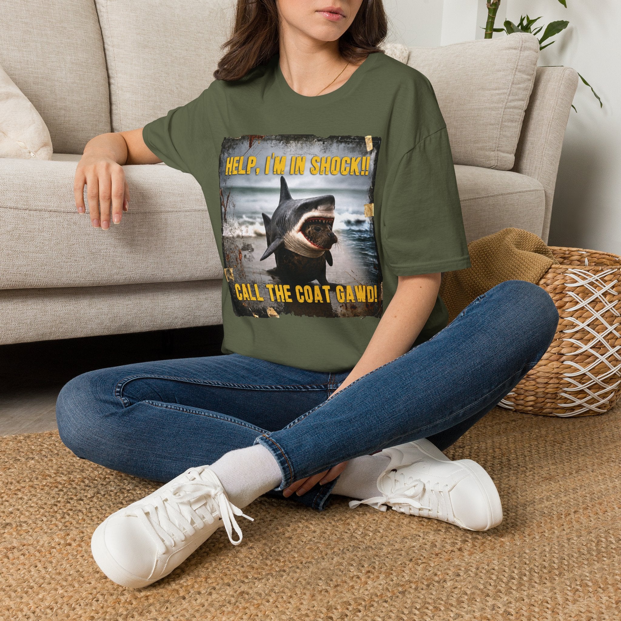Shark Graphic T-Shirt — "Help, I'm in Shock!" Funny Beachwear