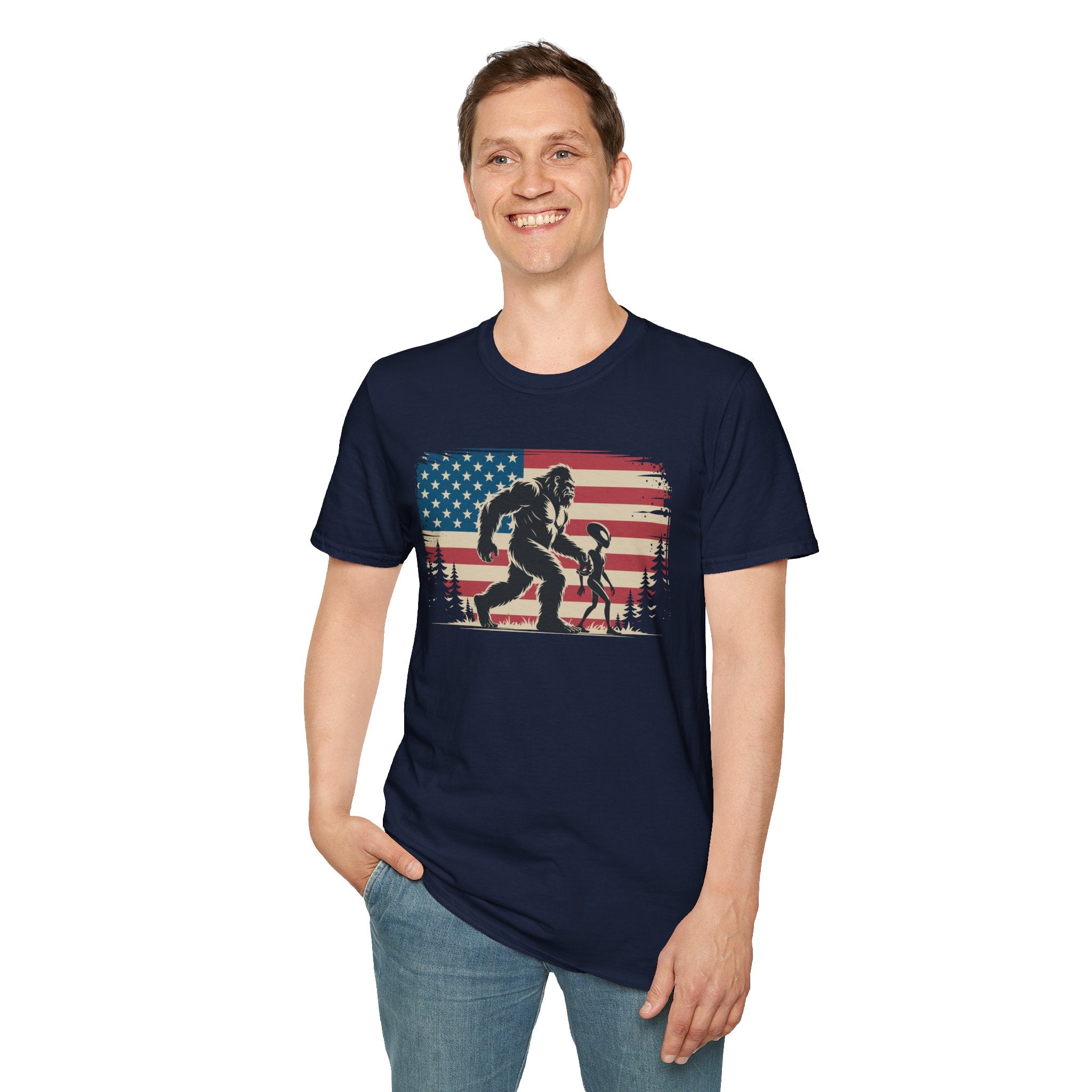 Bigfoot & Alien Patriotic T-Shirt — Distressed Flag Cryptid Design