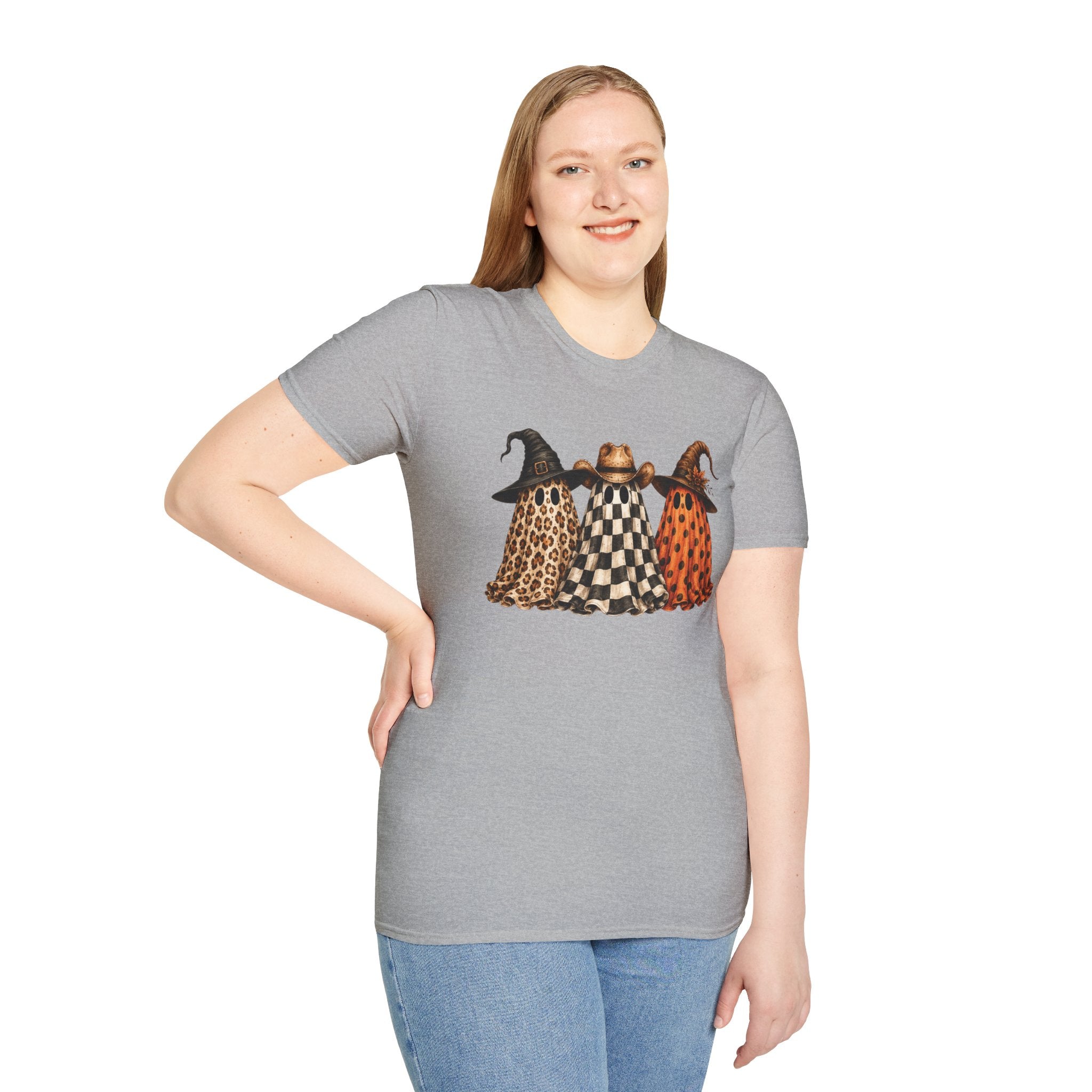 Halloween Ghost Trio T-Shirt — Leopard, Checker & Pumpkin Hat Design