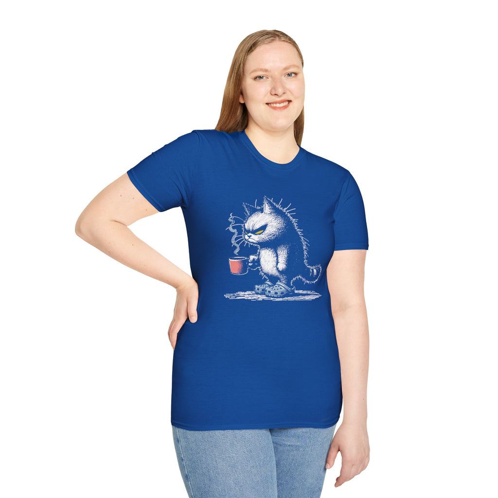 Grumpy Cat with Coffee T-Shirt — Moody Morning Cat Graphic Tee