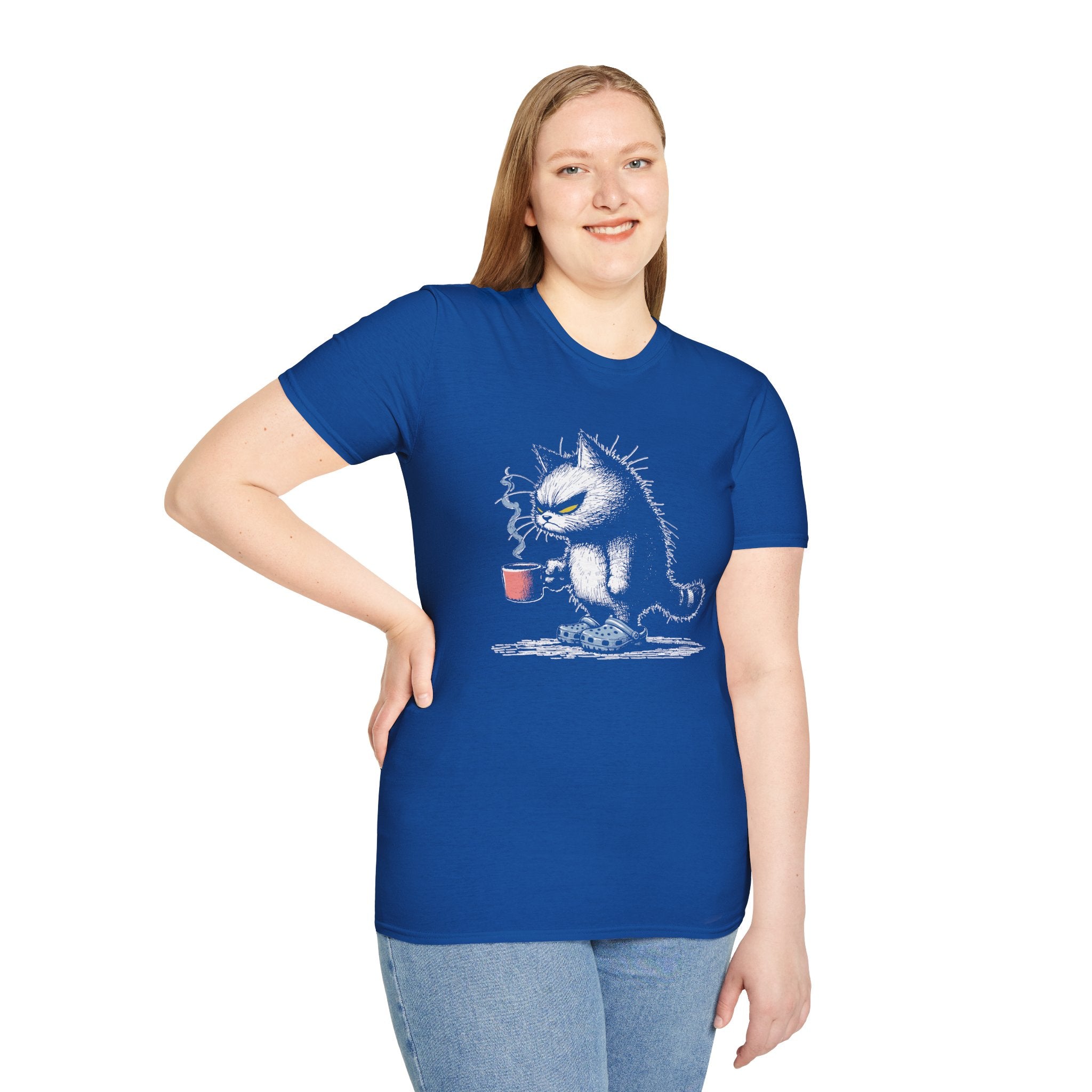Grumpy Cat with Coffee T-Shirt — Moody Morning Cat Graphic Tee