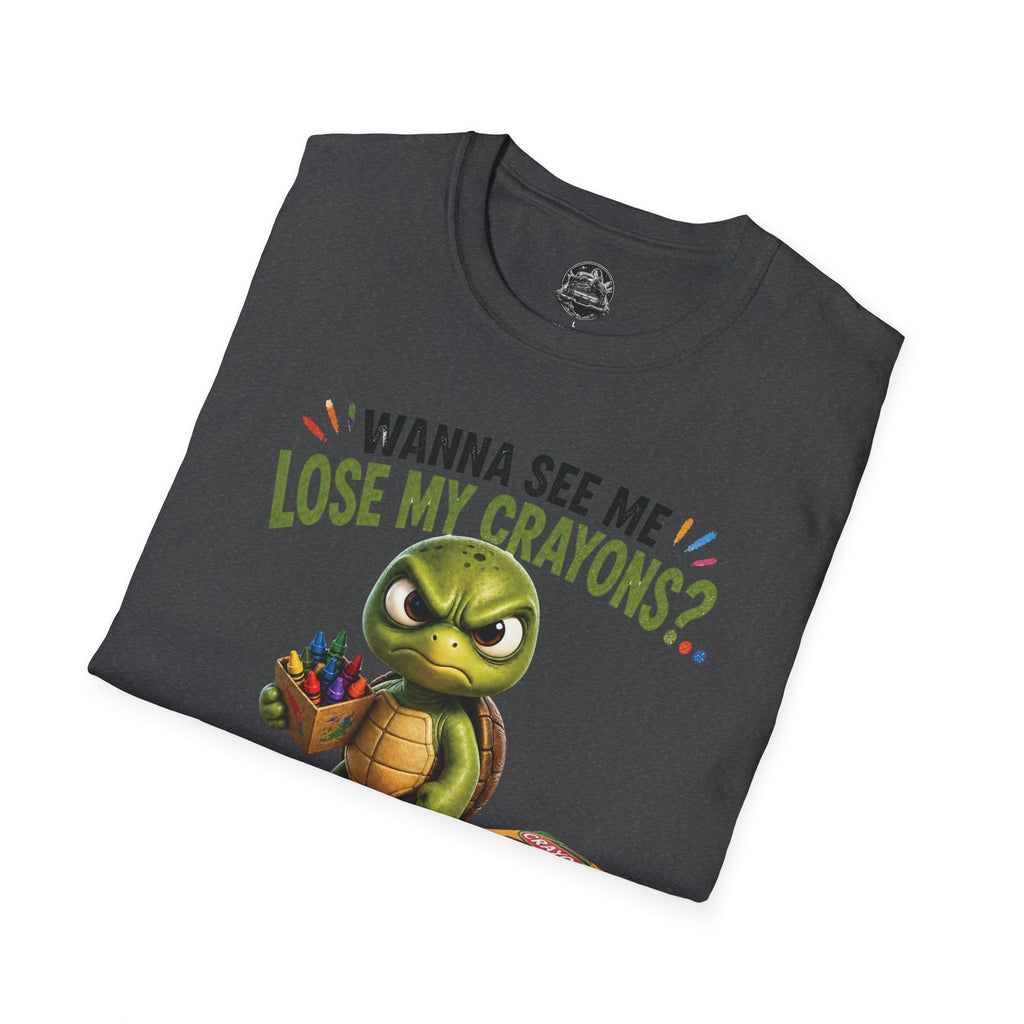 Funny Angry Turtle T-Shirt — “Wanna See Me Lose My Crayons? Do That Again…” — Teacher & Art Lover Tee