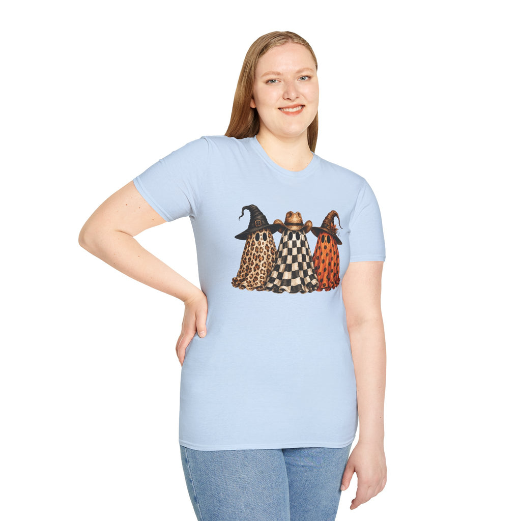 Halloween Ghost Trio T-Shirt — Leopard, Checker & Pumpkin Hat Design