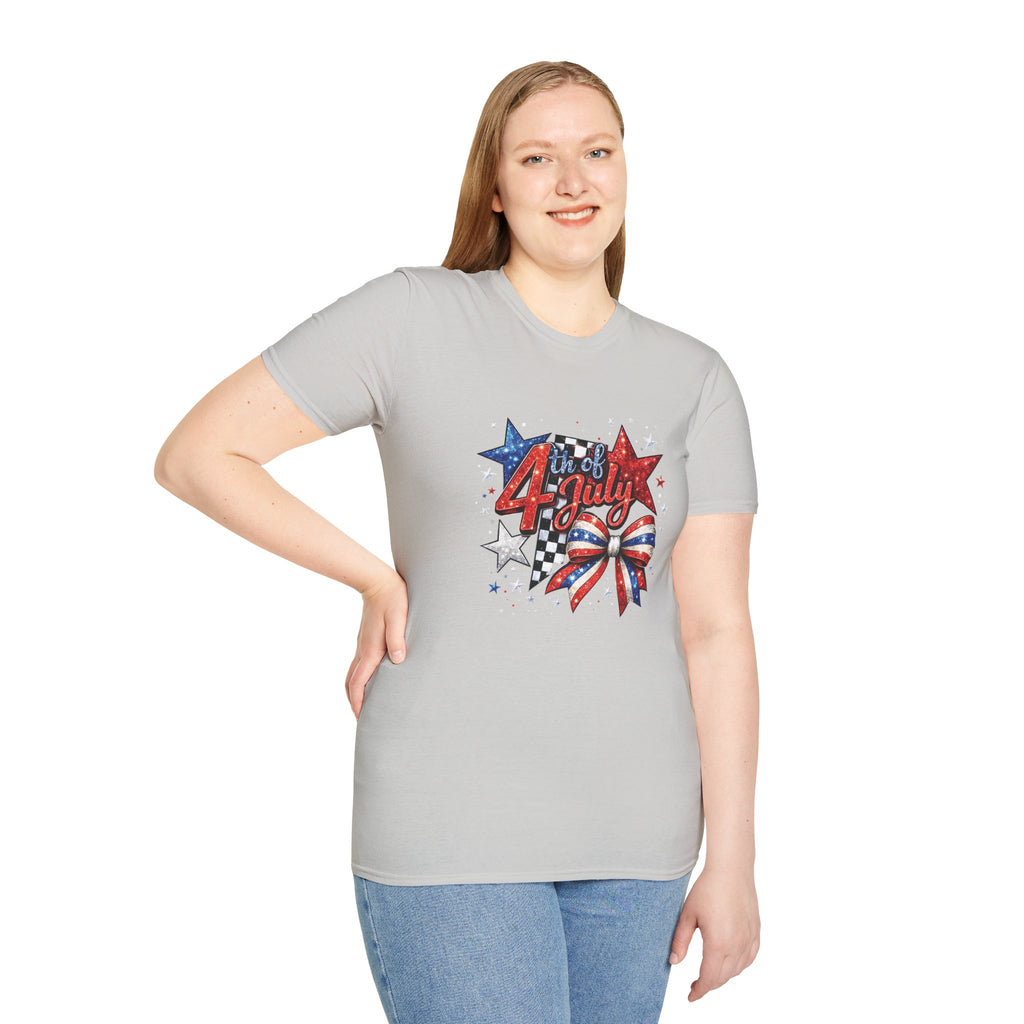 4th of July Patriotic T-Shirt – Red White Blue Stars & Bow Design