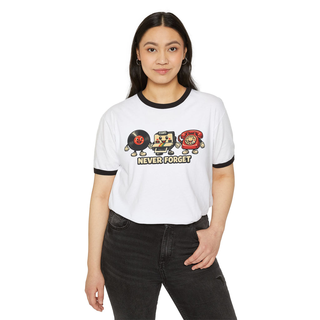 Retro Tech Ringer Tee — "Never Forget" Vinyl, Floppy Disk & Rotary Phone Graphic