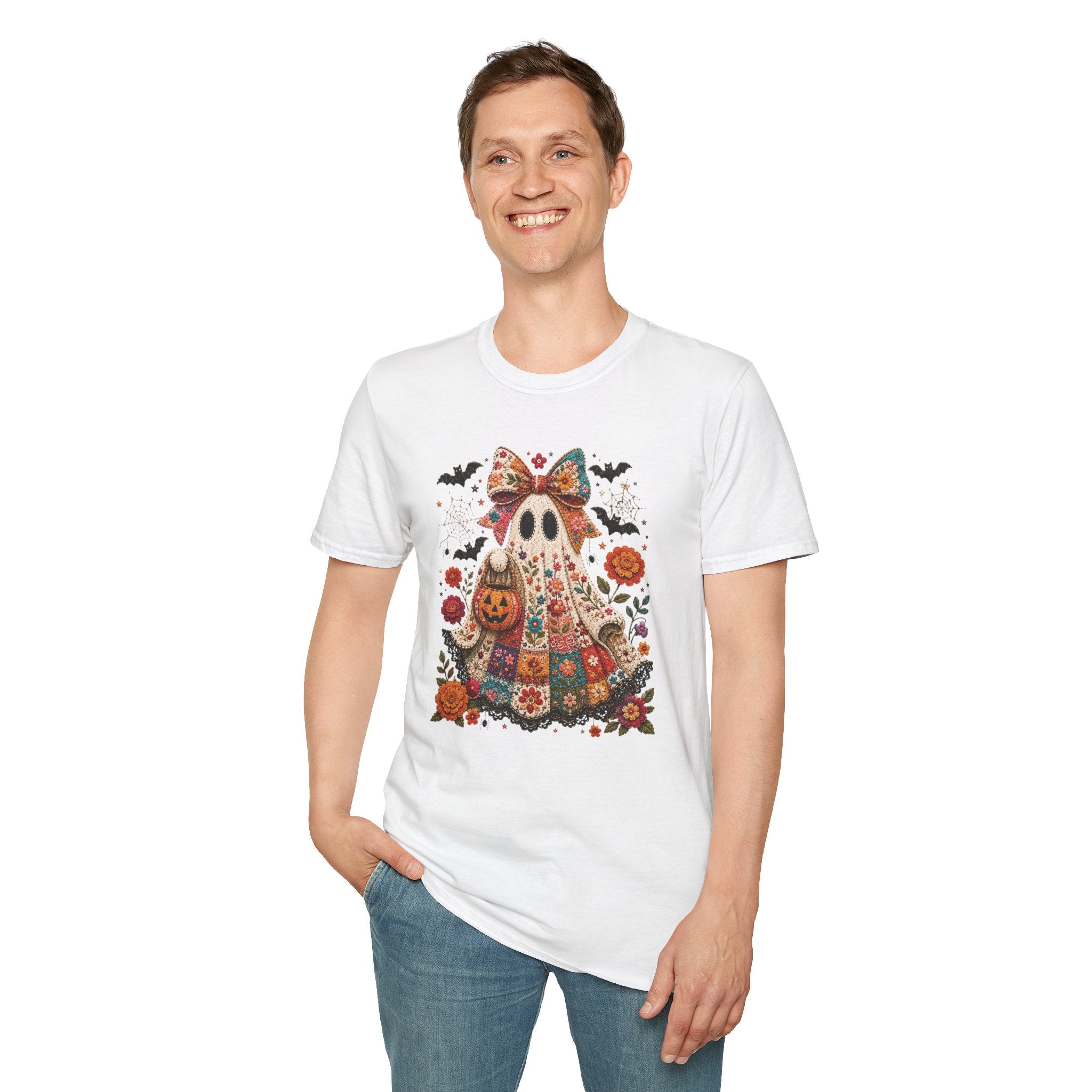 Patchwork Floral Ghost Halloween Shirt | Quilted Boho Ghost with Pumpkin and Bats