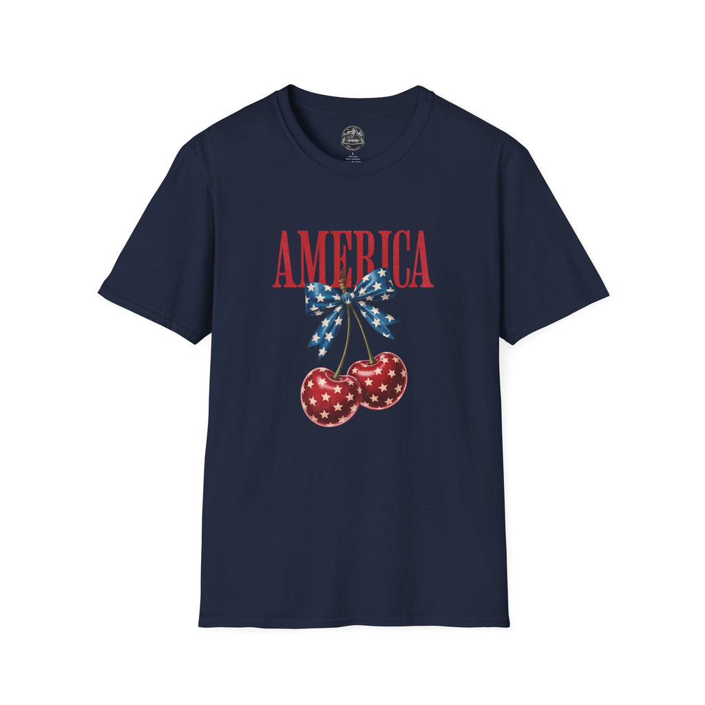 America Cherry Graphic T‑Shirt — Patriotic Stars & Stripes Bow Tee
